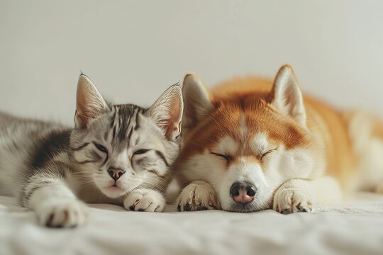 A cat and a dog lie huddled together.
