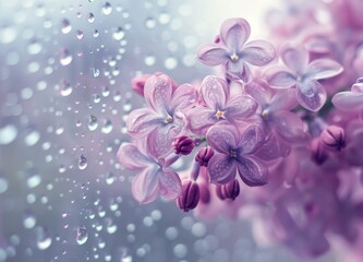  a beautifully delicate image featuring lilac flowers behind a wet window adorned with raindrops