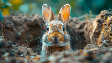 Fototapeta premium Rabbit emerging from a burrow in soil. Wildlife and nature concept. Macro shot