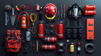 Directly above view of an arrangement of firefighter supplies on a black colored background, Knolling concept, Generated by AI