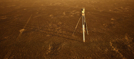 Land surveyor on tripod standing on wide open flat landscape. - 745846525