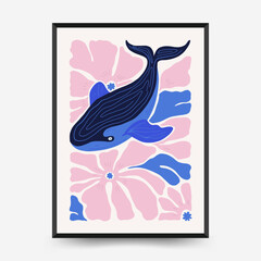 Underwater world, ocean, sea, fish and shells vertical flyer or poster template. Modern trendy Matisse minimal style. Hand drawn design for wallpaper, wall decor, print.