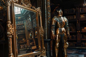 An enchanted armor standing guard in a wizards library reflecting in a magic mirror