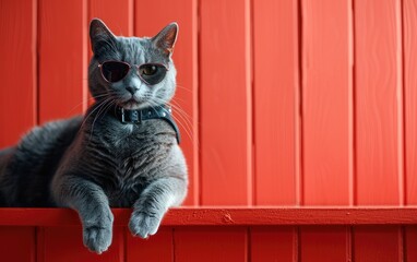 Russian Blue cat with sunglasses on a professional background