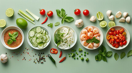 Flay lay design or design element of Thai food on soft green background, Generated by AI