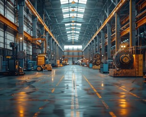An industrial warehouse with machinery and workers - obrazy, fototapety, plakaty