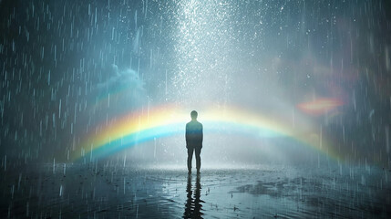 Fototapeta na wymiar A person standing in the rain, looking up with hope, with a rainbow forming in the sky, symbolizing hope and resilience in mental health recovery.
