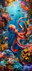 An underwater scene of a vibrant coral reef teeming with marine life and an inquisitive octopus exploring the depths