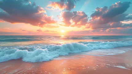 Gordijnen A calm beach scene at sunset with gentle waves. © Anthony