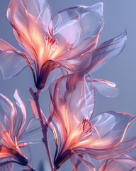 Fototapeta premium Pink tinted translucent flowers blooming, reflecting harmony and digital innovation in contemporary art