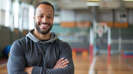 Portrait of happy physical education teacher during class at school gym