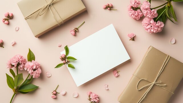 Mockup, postcard, congratulations on Mother's Day, Women's Day, wedding, birthday. Spring holidays concept. Pink, nude background with flowers.