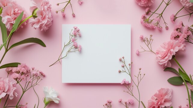 Mockup, postcard, congratulations on Mother's Day, Women's Day, wedding, birthday. Spring holidays concept. Pink, nude background with flowers.