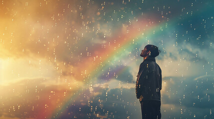 Fototapeta na wymiar A person standing in the rain, looking up with hope, with a rainbow forming in the sky, symbolizing hope and resilience in mental health recovery.