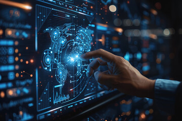 Man hand touching Global Internet connection. Financial and Digital link tech big data. AI Generated.