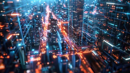 Fototapeta premium Futuristic Cityscape with Glowing Circuit Patterns Representing Smart City Concept