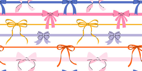 Seamless pattern with various cartoon bow knots, gift ribbons. Trendy hair braiding accessory. Hand drawn vector illustration. Holiday background. - 745848367