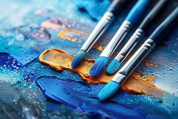 Obraz premium Paintbrushes on a canvas, blue and orange paint - Generative AI