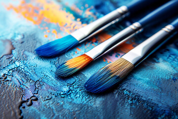 Paintbrushes on a canvas, blue and orange paint - Generative AI - obrazy, fototapety, plakaty