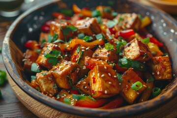 Vegetable Stir-Fry with Tofu: Colorful medley of crunchy vegetables and marinated tofu, stir-fried to perfection in a savory soy sauce-based glaze - obrazy, fototapety, plakaty