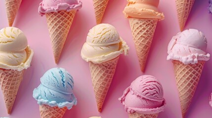 Assortment of multi-flavored ice cream cones neatly aligned against a pink background for a summery treat