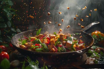 Vegetable Stir-Fry with Tofu: Colorful medley of crunchy vegetables and marinated tofu, stir-fried to perfection in a savory soy sauce-based glaze - obrazy, fototapety, plakaty