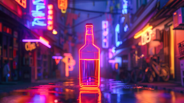 A close-up shot of a sleek vodka bottle neon sign, its vivid colors casting a surreal glow on the surrounding urban landscape.