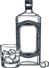Whiskey bottle and glass with ice, vector illustration - 745848751