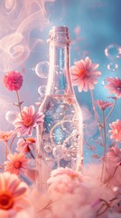A tranquil and mesmerizing image of a bottle filled with sparkles and surrounded by flowers, evoking wonder