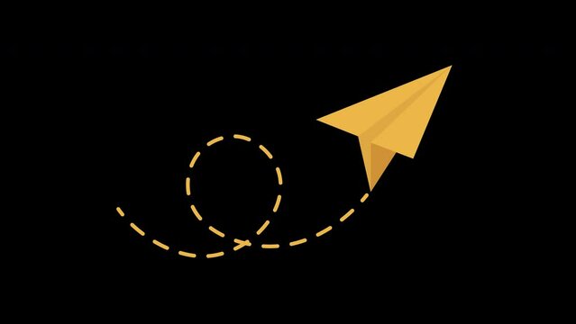 a yellow paper airplane flying through a dotted line icon concept loop animation video with alpha channel