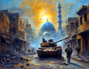 Tank in street combat - mosque