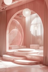 Soft pink hues fill this image, depicting a modern yet minimalist interior with arches, circular steps, and glowing spherical lights