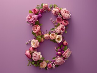 Artistic floral design of number eight number 8, 8 march showcasing beautiful shades of pink flowers perfect for special occasions