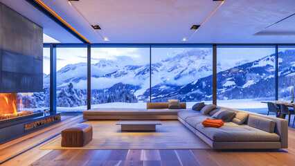 Luxurious living room with a warm fireplace and snowfall view.