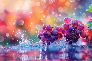 A colorful backdrop has grape chunks floating in the air. water drops splash. AI Generated - obrazy, fototapety, plakaty