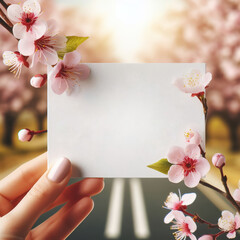 hand holding a blank sheet of paper on a spring cherry blossom road