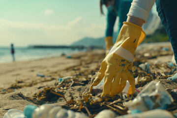 volunteer cleaning up plastic litter in beach or urban environments, hand close-up, Volunteer-Led Eco-Cleanup for a Sustainable Future – Beach & Urban Environments, Close-Up of Hands Tackling Plastic 