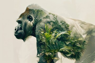 A gorilla overlaid with the lush greenery of a tropical rainforest in a double exposure 