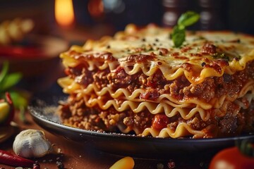Classic Beef Lasagna: Layers of tender pasta sheets, savory ground beef, rich tomato sauce, and creamy béchamel, baked to golden perfection - obrazy, fototapety, plakaty