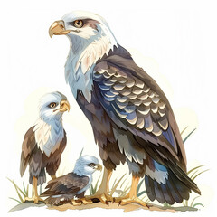 Watercolor cartoon illustration of a majestic eagle and her eaglet, isolated on a white background