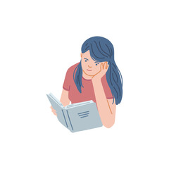 Young woman enjoy reading a book, rested on chin, vector cartoon female booklover character, education leisure isolated