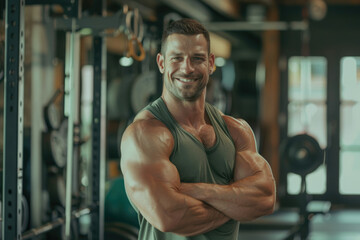 Fototapeta na wymiar Portrait of muscular men smiling, standing confident with crossed his arms in a gym