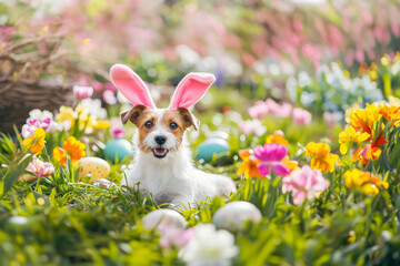 Jack Russell Terrier with pink bunny ears headband sitting in field of colorful spring flowers with Easter eggs around - 745849717
