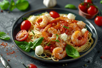 Pasta with shrimps in tomato garlic sauce, decorated with basil leaves, small white mozarella cheese balls, cherry tomatos, parmezano cheese