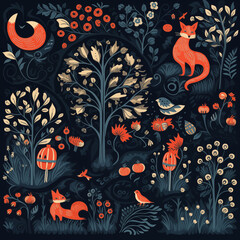 seamless floral pattern with foxes and birds