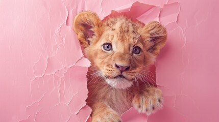 An adorable lion cub peeps through a pink wall with cracks showcasing innocence and exploration