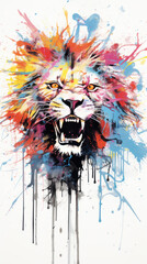 Lion poster painted with bright splashes of paint.