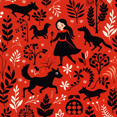 seamless pattern with wolves and little red riding hood