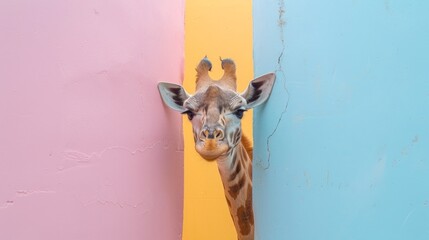 A curious giraffe playfully peeks out between blocks of pink, yellow, and blue colors