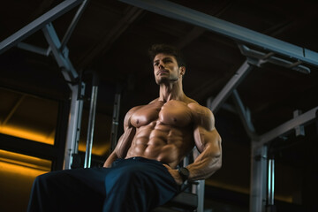 Fit young man using an abdominal press machine for a core workout, exercising his abs to stay in shape.